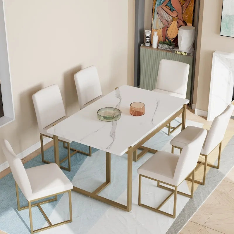 Ensemble de salle à manger moderne 7 pièces en faux marbre avec 6 chaises rembourrées