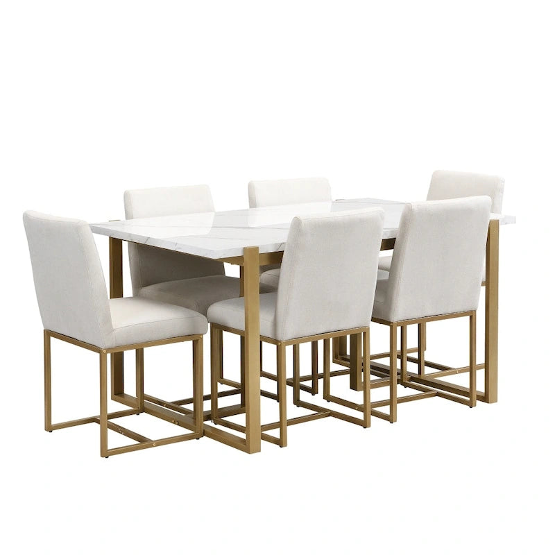 Ensemble de salle à manger moderne 7 pièces en faux marbre avec 6 chaises rembourrées