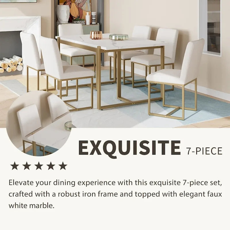 Ensemble de salle à manger moderne 7 pièces en faux marbre avec 6 chaises rembourrées