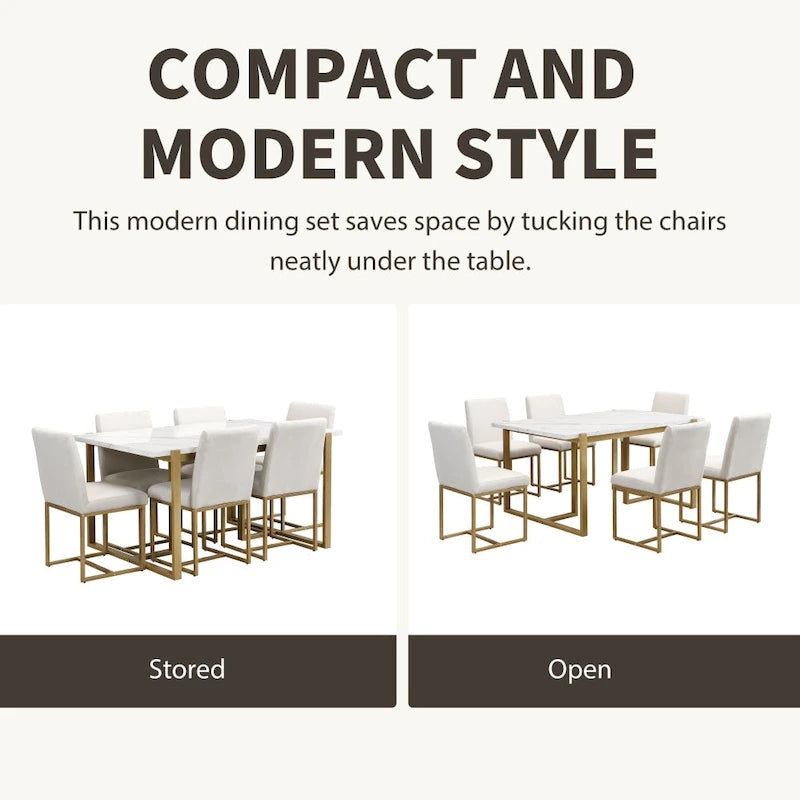 Ensemble de salle à manger moderne 7 pièces en faux marbre avec 6 chaises rembourrées