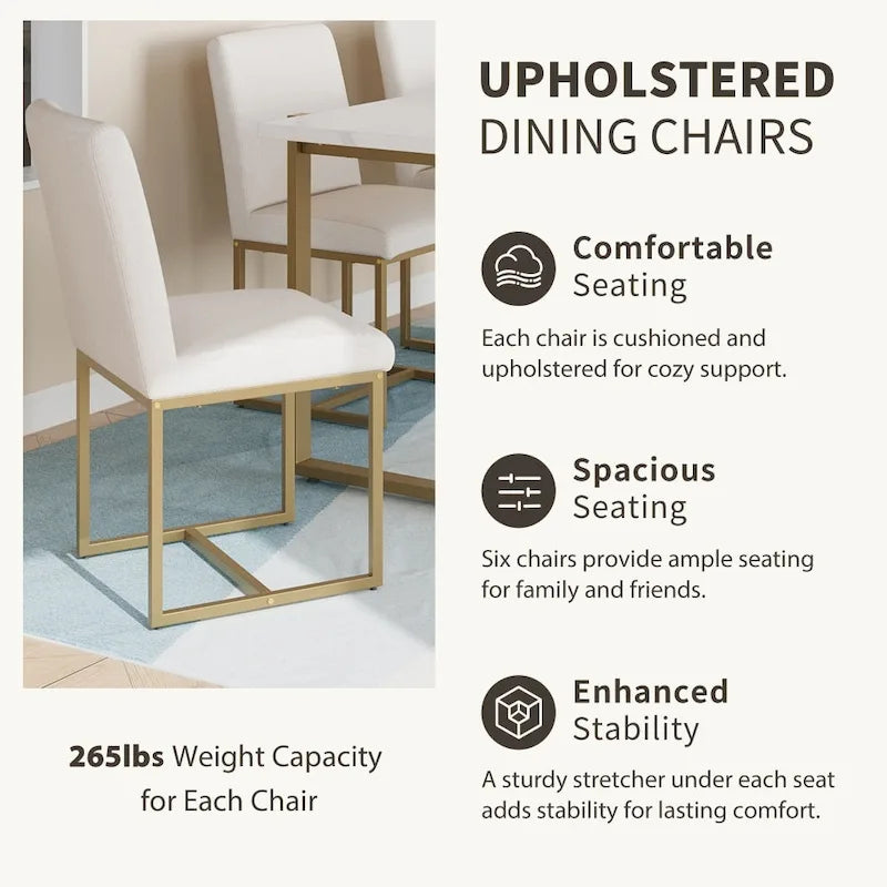 Ensemble de salle à manger moderne 7 pièces en faux marbre avec 6 chaises rembourrées