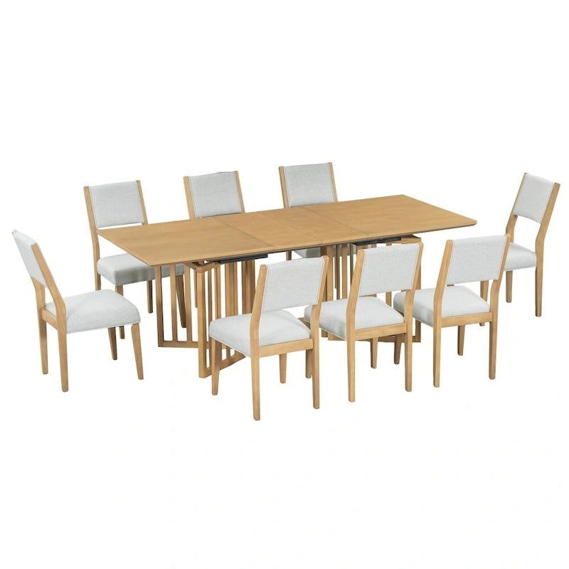 Ensemble de salle à manger extensible 9 pièces de style champêtre avec rallonges amovibles