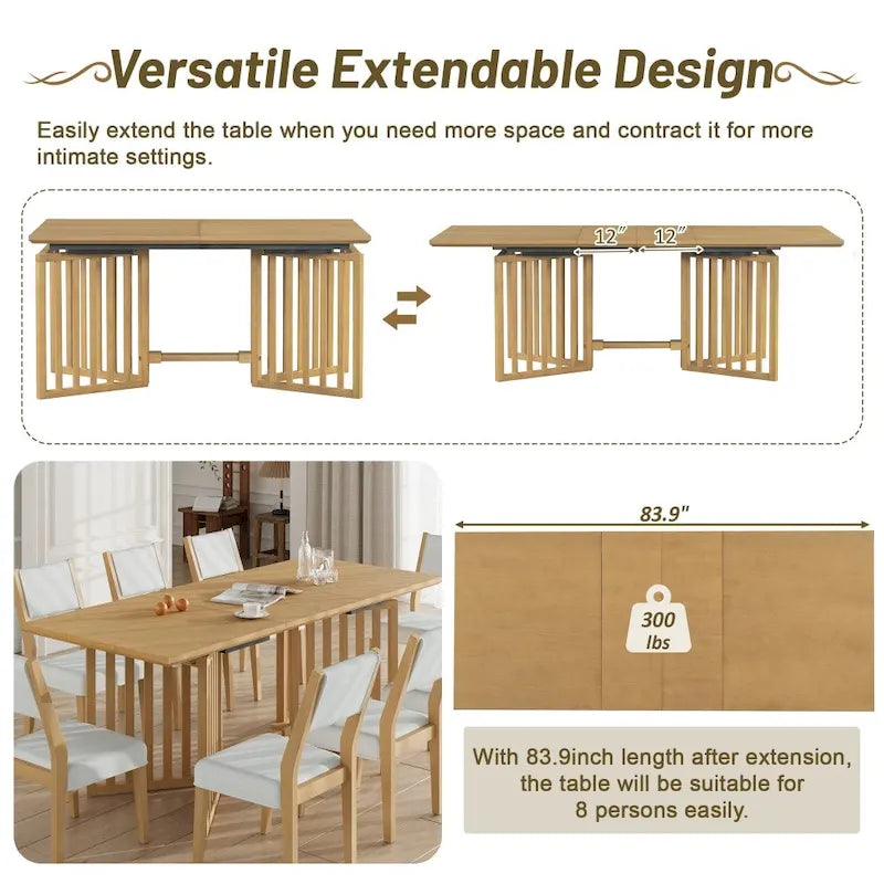 Ensemble de salle à manger extensible 9 pièces de style champêtre avec rallonges amovibles