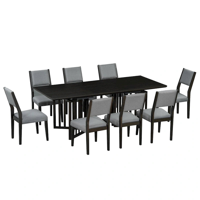 Ensemble de salle à manger extensible 9 pièces de style champêtre avec rallonges amovibles