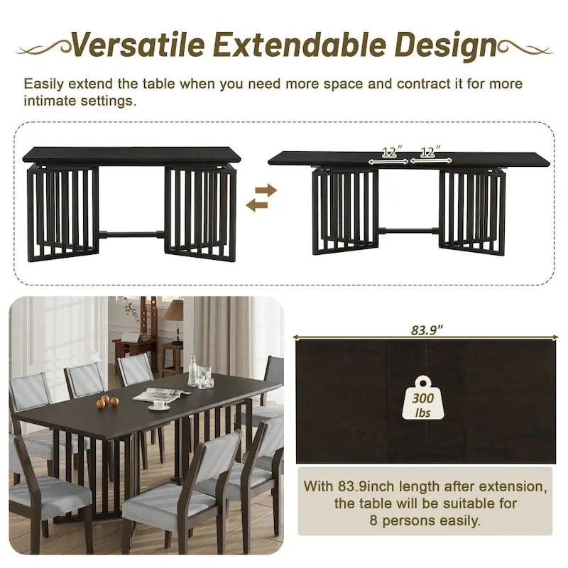 Ensemble de salle à manger extensible 9 pièces de style champêtre avec rallonges amovibles
