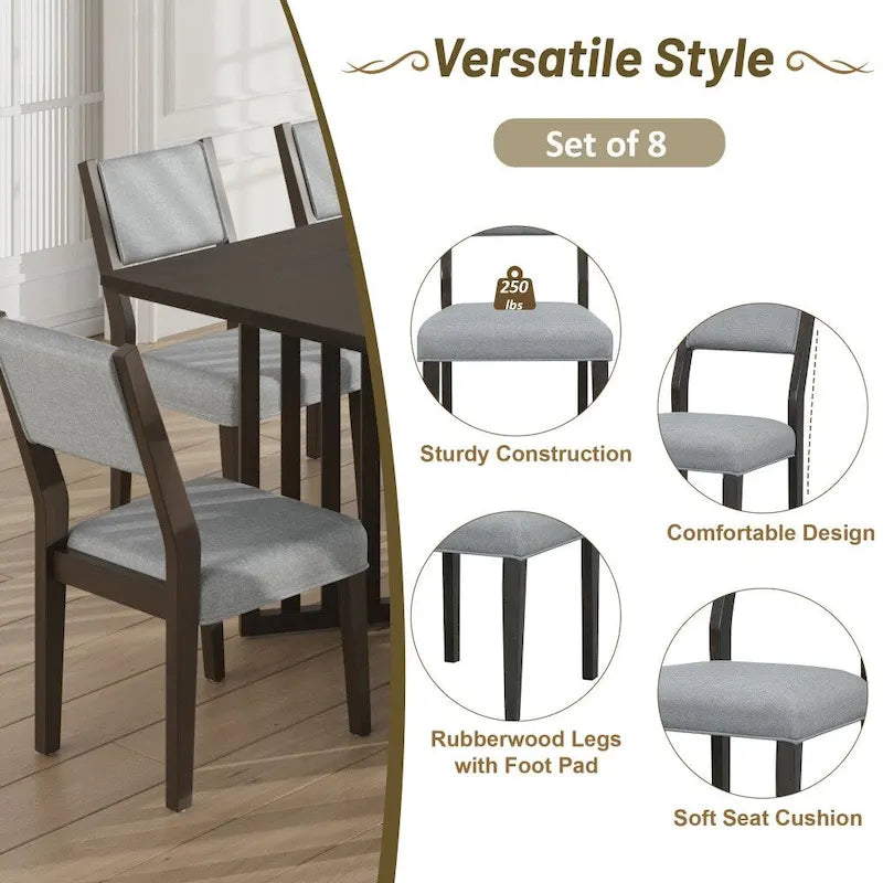 Ensemble de salle à manger extensible 9 pièces de style champêtre avec rallonges amovibles