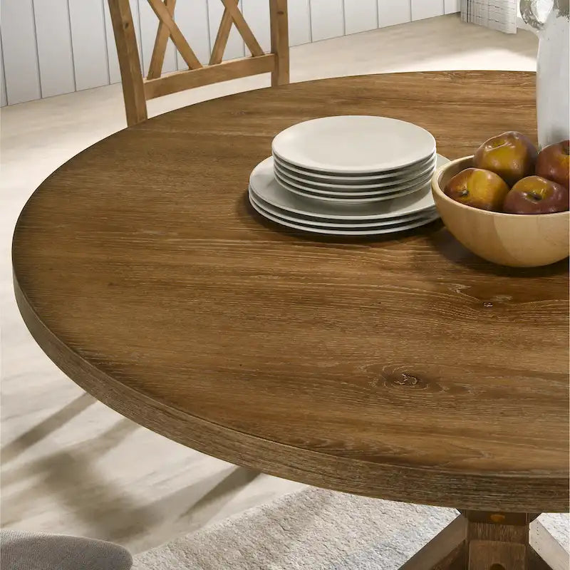 Ensembles table et chaises de salle à manger rondes en bois Style rustique Ferme avec piédestal croisé