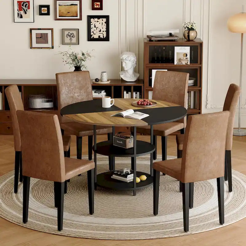 Ensemble de salle à manger moderne, table ronde avec rangement et chaises de salle à manger en tissu technique, facile à installer