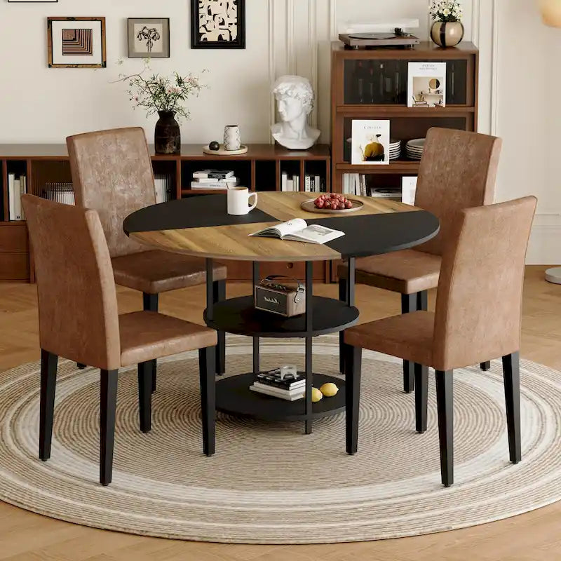 Ensemble de salle à manger moderne, table ronde avec rangement et chaises de salle à manger en tissu technique, facile à installer