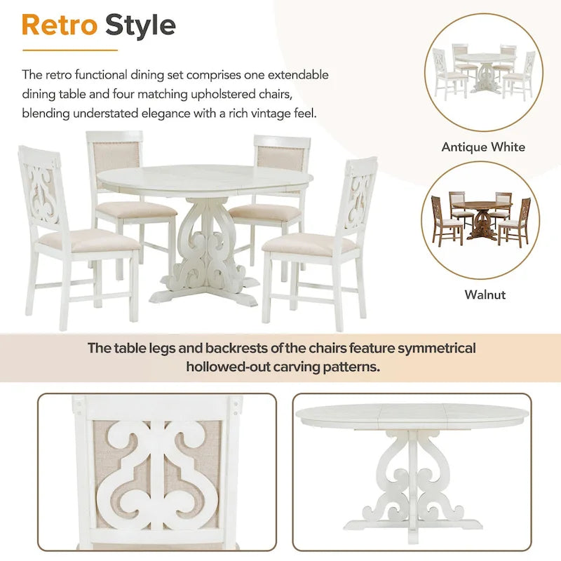 Ensemble de salle à manger fonctionnel rétro, table et chaises extensibles avec rallonges amovibles et pliables pour la salle à manger et la cuisine