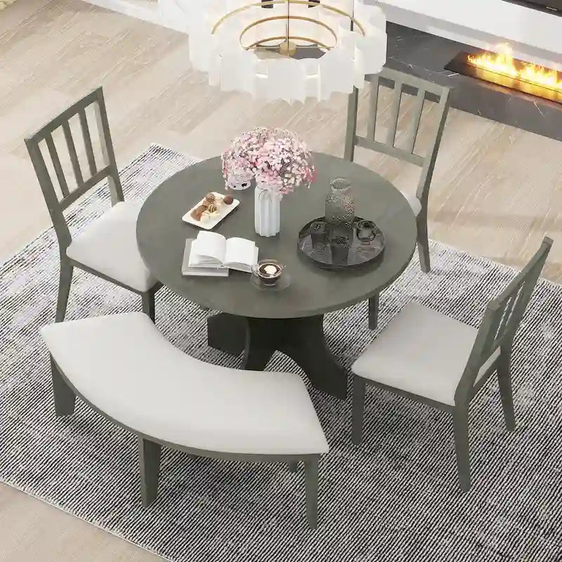 Ensembles Table et Chaises de Salle à Manger Style Campagne Moderne, Ensembles Table et Chaises de Salle à Manger Multifonctionnels avec Base de Table Courbe et Banc Incurvé