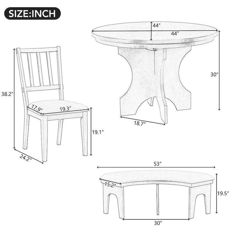Ensembles Table et Chaises de Salle à Manger Style Campagne Moderne, Ensembles Table et Chaises de Salle à Manger Multifonctionnels avec Base de Table Courbe et Banc Incurvé