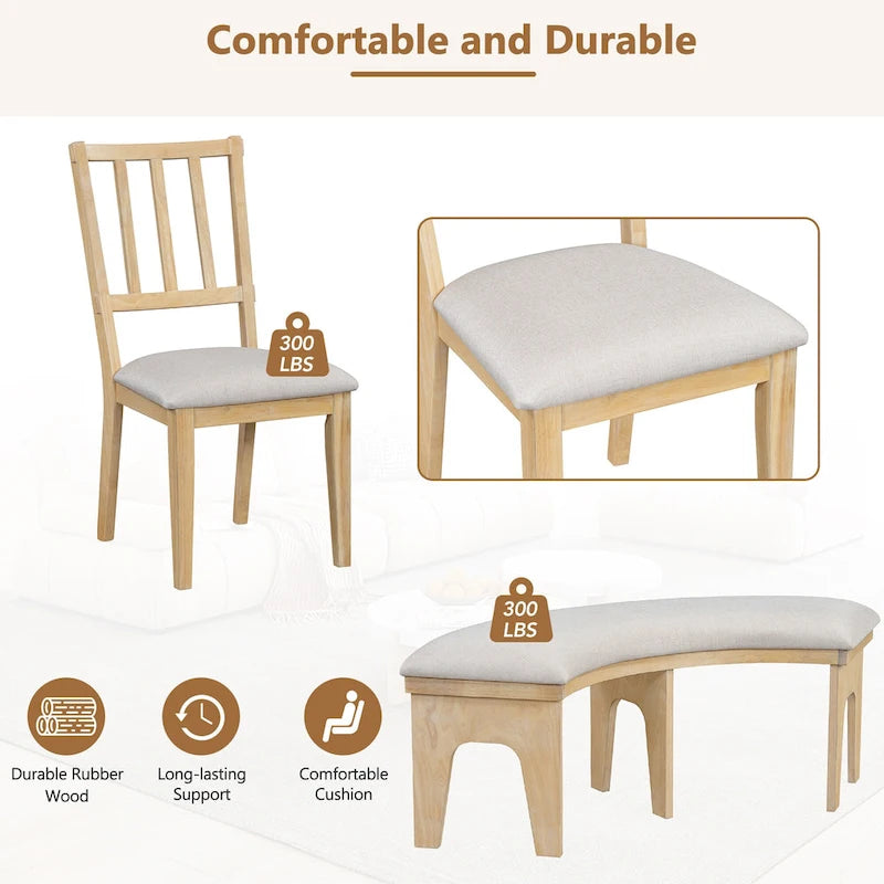Ensembles Table et Chaises de Salle à Manger Style Campagne Moderne, Ensembles Table et Chaises de Salle à Manger Multifonctionnels avec Base de Table Courbe et Banc Incurvé