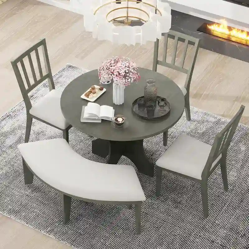 Ensembles Table et Chaises de Salle à Manger Style Campagne Moderne, Ensembles Table et Chaises de Salle à Manger Multifonctionnels avec Base de Table Courbe et Banc Incurvé