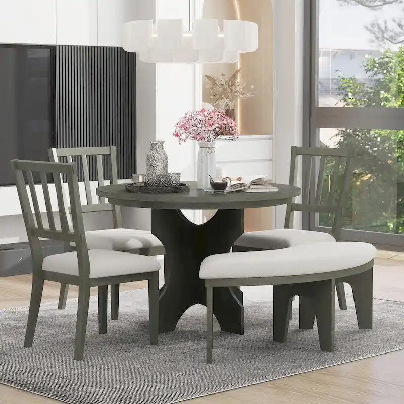 Ensembles Table et Chaises de Salle à Manger Style Campagne Moderne, Ensembles Table et Chaises de Salle à Manger Multifonctionnels avec Base de Table Courbe et Banc Incurvé