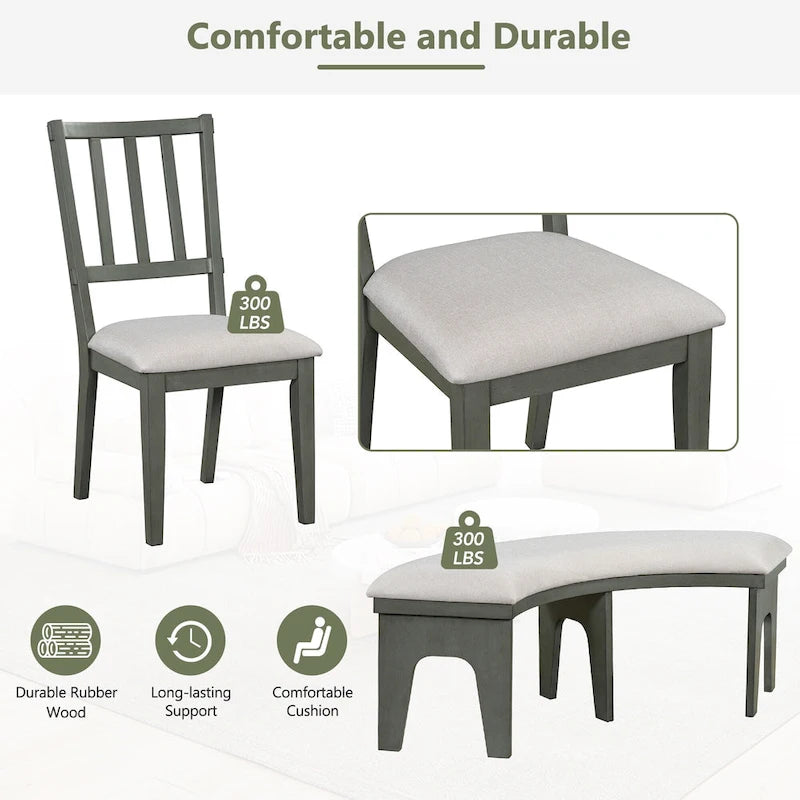 Ensembles Table et Chaises de Salle à Manger Style Campagne Moderne, Ensembles Table et Chaises de Salle à Manger Multifonctionnels avec Base de Table Courbe et Banc Incurvé