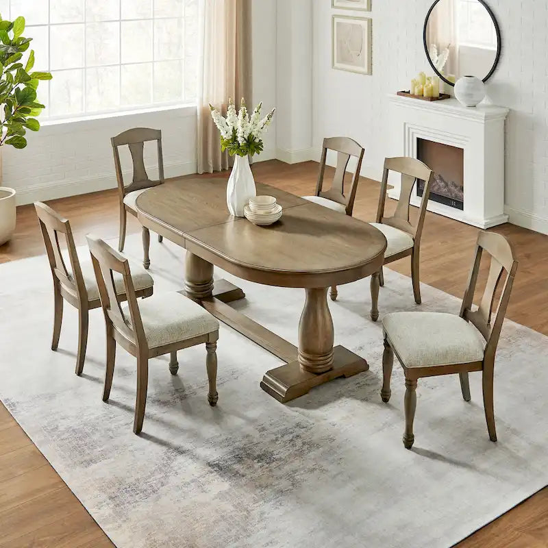 Ensemble de salle à manger 7 pièces en bois massif, ensemble de table de salle à manger extensible de cuisine avec table incurvée et 6 chaises rembourrées