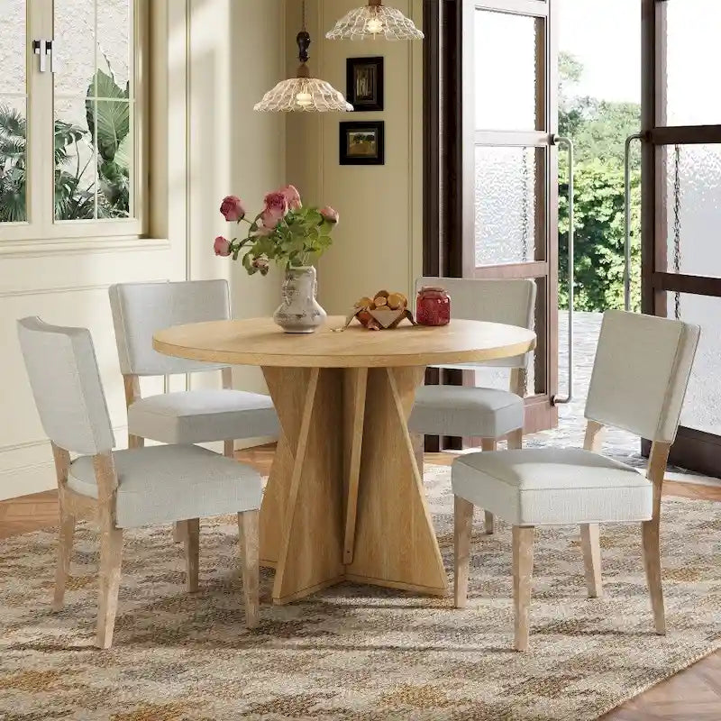 Ensemble de salle à manger rond d'extérieur 5 pièces en bois avec 4 chaises rembourrées