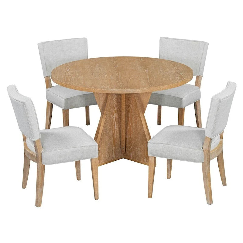 Ensemble de salle à manger rond d'extérieur 5 pièces en bois avec 4 chaises rembourrées