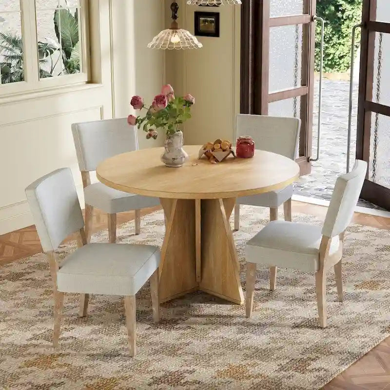 Ensemble de salle à manger rond d'extérieur 5 pièces en bois avec 4 chaises rembourrées