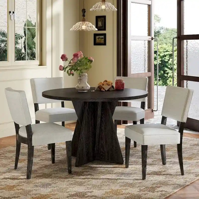 Ensemble de salle à manger rond d'extérieur 5 pièces en bois avec 4 chaises rembourrées