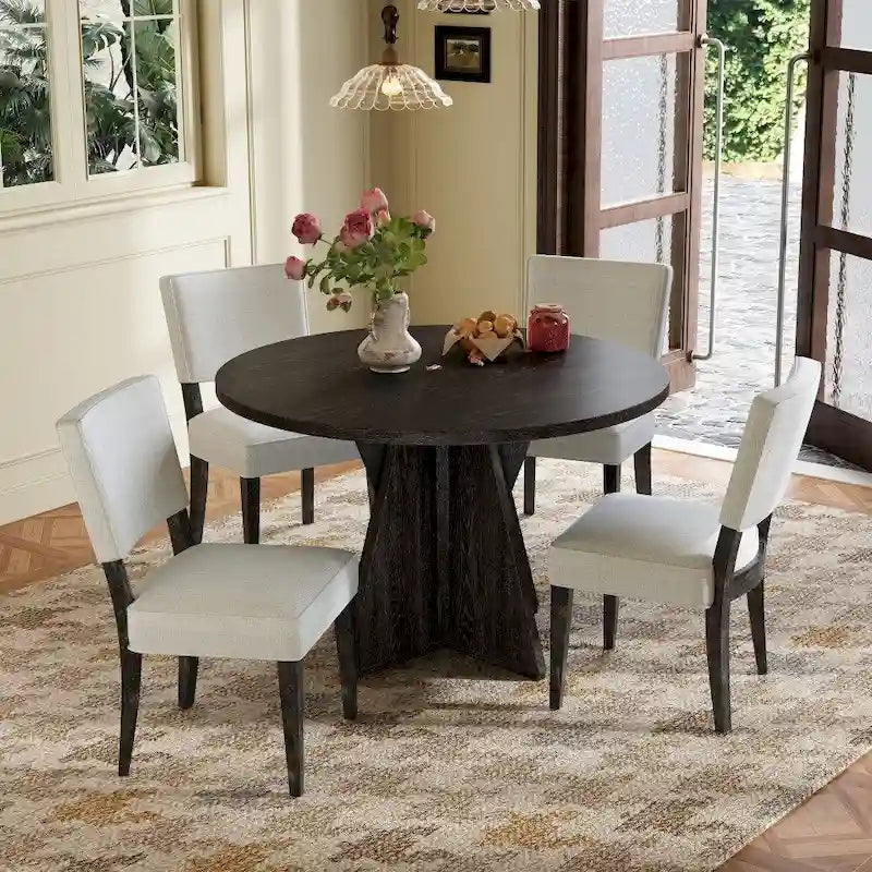 Ensemble de salle à manger rond d'extérieur 5 pièces en bois avec 4 chaises rembourrées