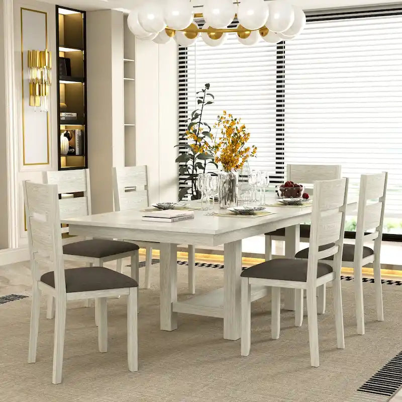 Ensemble table et 6 chaises de salle à manger VECELO 7 pièces, table rectangulaire extensible en bois massif épaissi et 6 chaises de salle à manger en bois massif