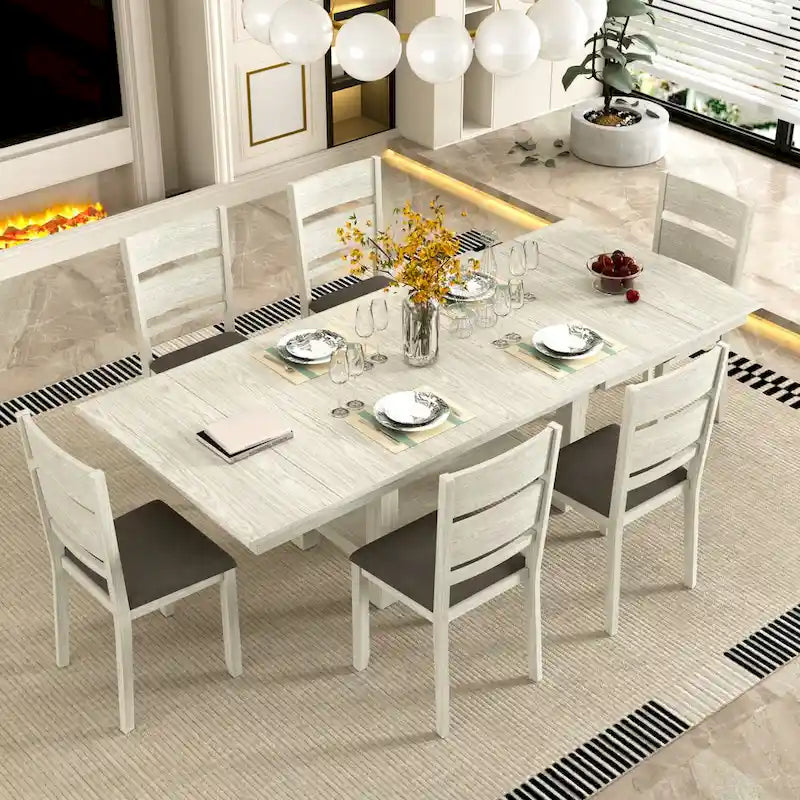 Ensemble table et 6 chaises de salle à manger VECELO 7 pièces, table rectangulaire extensible en bois massif épaissi et 6 chaises de salle à manger en bois massif