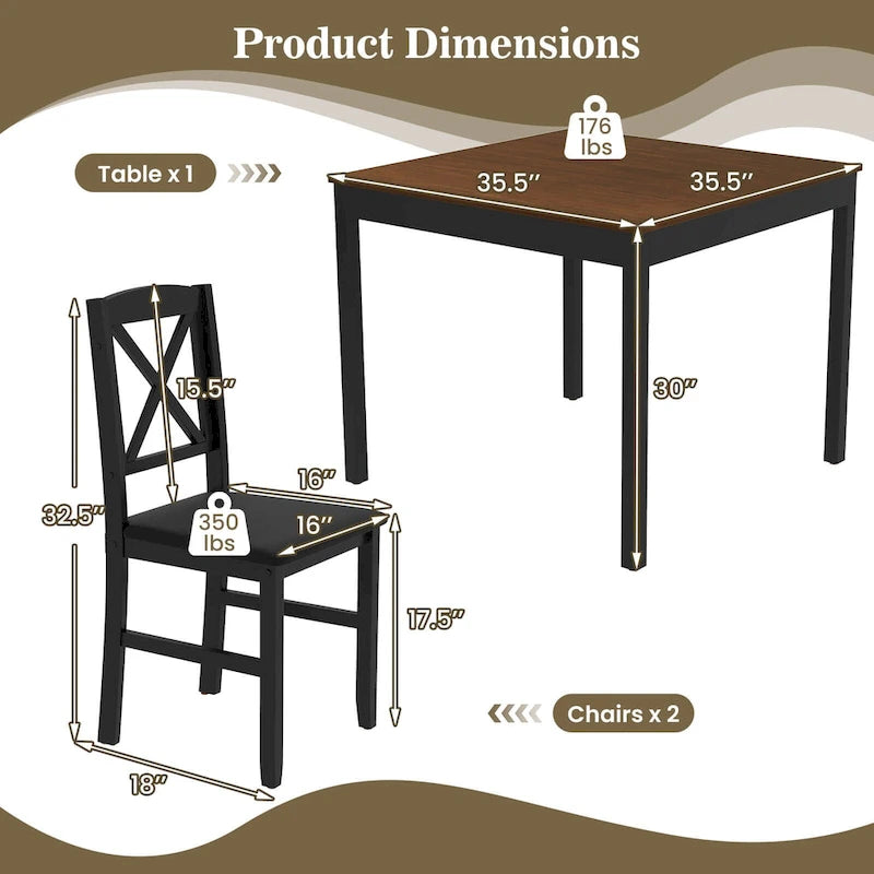 Ensemble de salle à manger 3 pièces Costway – Table carrée en bois avec 2