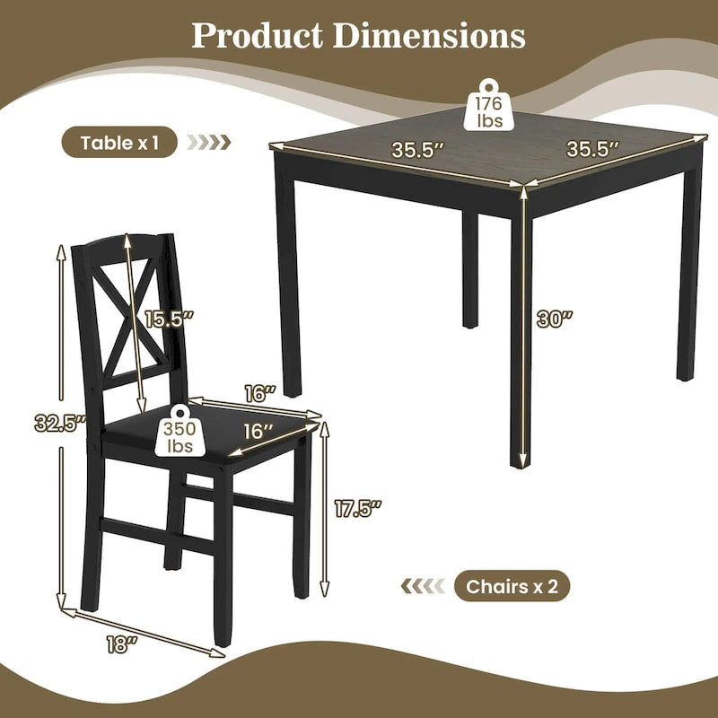 Ensemble de salle à manger 3 pièces Costway – Table carrée en bois avec 2
