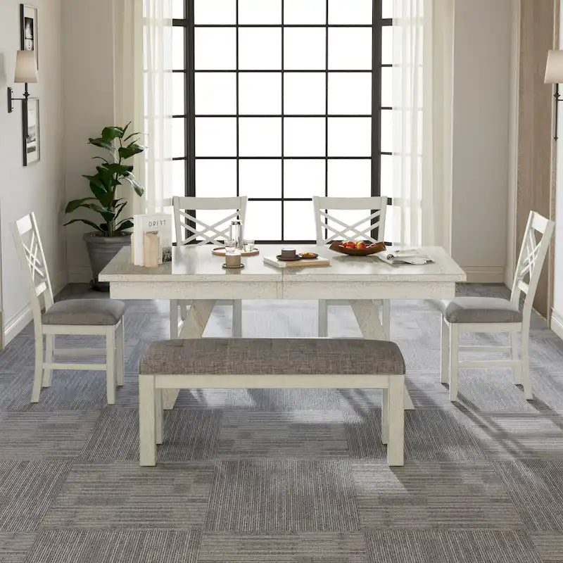 Ensemble de salle à manger VECELO 6/8 pièces avec banc, table à manger rectangulaire extensible en bois massif et 4 chaises de salle à manger en bois massif