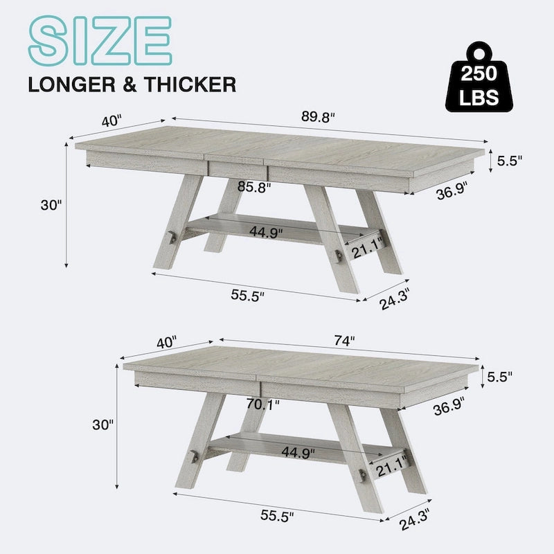 Ensemble de salle à manger VECELO 6/8 pièces avec banc, table à manger rectangulaire extensible en bois massif et 4 chaises de salle à manger en bois massif