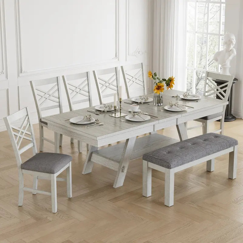 Ensemble de salle à manger VECELO 6/8 pièces avec banc, table à manger rectangulaire extensible en bois massif et 4 chaises de salle à manger en bois massif