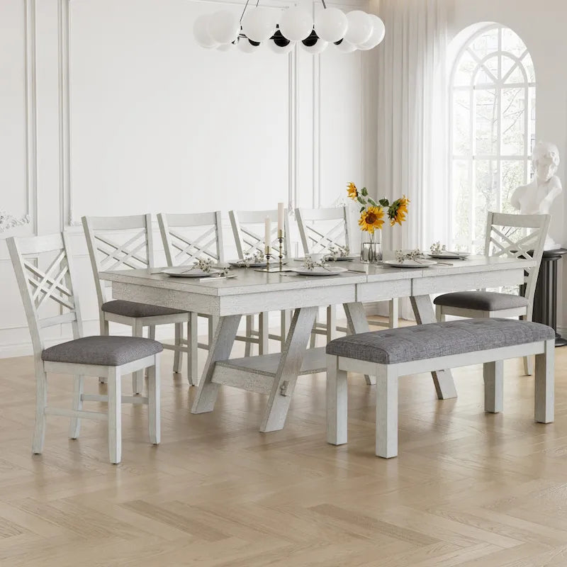 Ensemble de salle à manger VECELO 6/8 pièces avec banc, table à manger rectangulaire extensible en bois massif et 4 chaises de salle à manger en bois massif