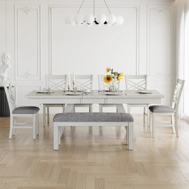 Ensemble de salle à manger VECELO 6/8 pièces avec banc, table à manger rectangulaire extensible en bois massif et 4 chaises de salle à manger en bois massif