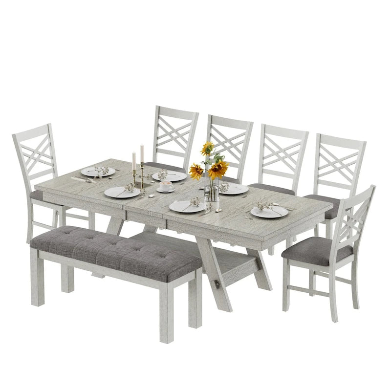 Ensemble de salle à manger VECELO 6/8 pièces avec banc, table à manger rectangulaire extensible en bois massif et 4 chaises de salle à manger en bois massif