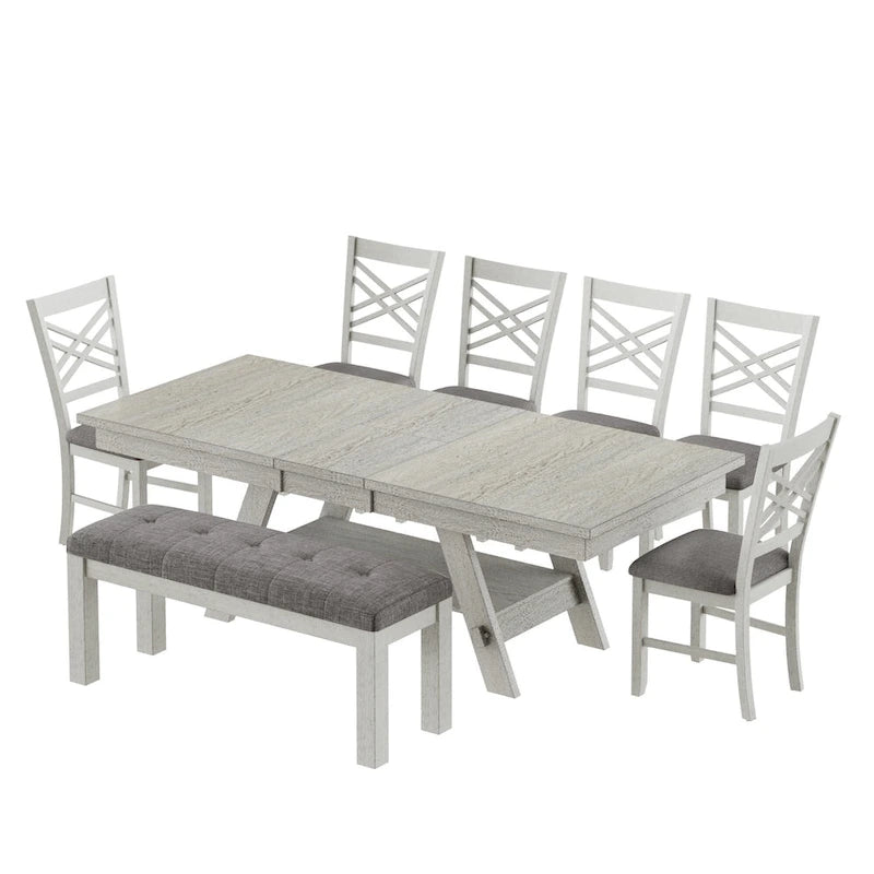 Ensemble de salle à manger VECELO 6/8 pièces avec banc, table à manger rectangulaire extensible en bois massif et 4 chaises de salle à manger en bois massif