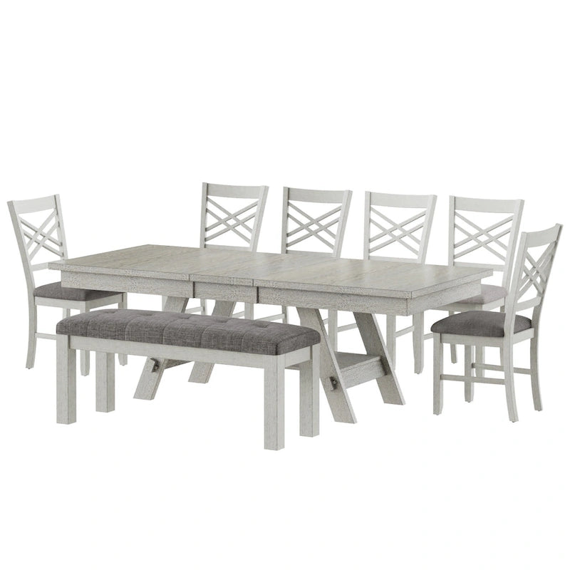 Ensemble de salle à manger VECELO 6/8 pièces avec banc, table à manger rectangulaire extensible en bois massif et 4 chaises de salle à manger en bois massif