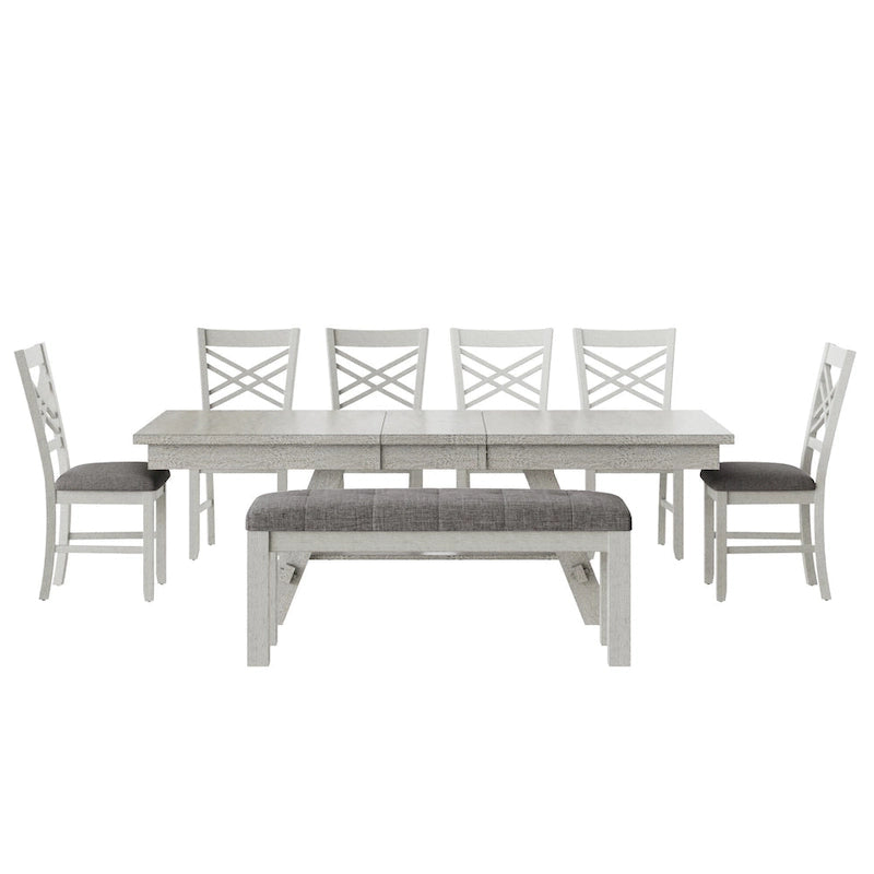 Ensemble de salle à manger VECELO 6/8 pièces avec banc, table à manger rectangulaire extensible en bois massif et 4 chaises de salle à manger en bois massif