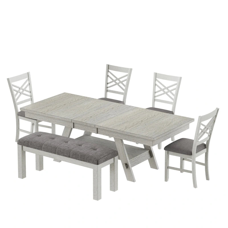 Ensemble de salle à manger VECELO 6/8 pièces avec banc, table à manger rectangulaire extensible en bois massif et 4 chaises de salle à manger en bois massif