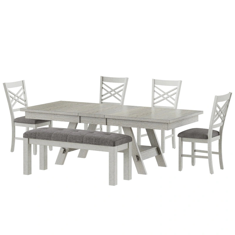 Ensemble de salle à manger VECELO 6/8 pièces avec banc, table à manger rectangulaire extensible en bois massif et 4 chaises de salle à manger en bois massif
