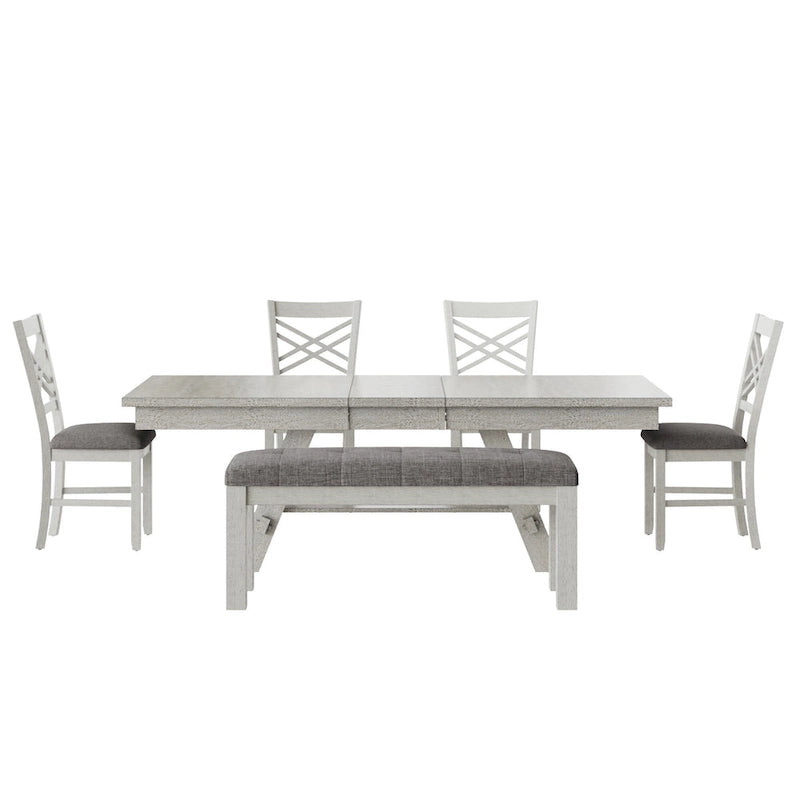 Ensemble de salle à manger VECELO 6/8 pièces avec banc, table à manger rectangulaire extensible en bois massif et 4 chaises de salle à manger en bois massif