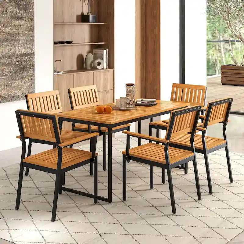 Costway Ensemble de salle à manger d'extérieur 7 pièces pour 6 avec cadre en métal et trou pour parasol - 7 PCS