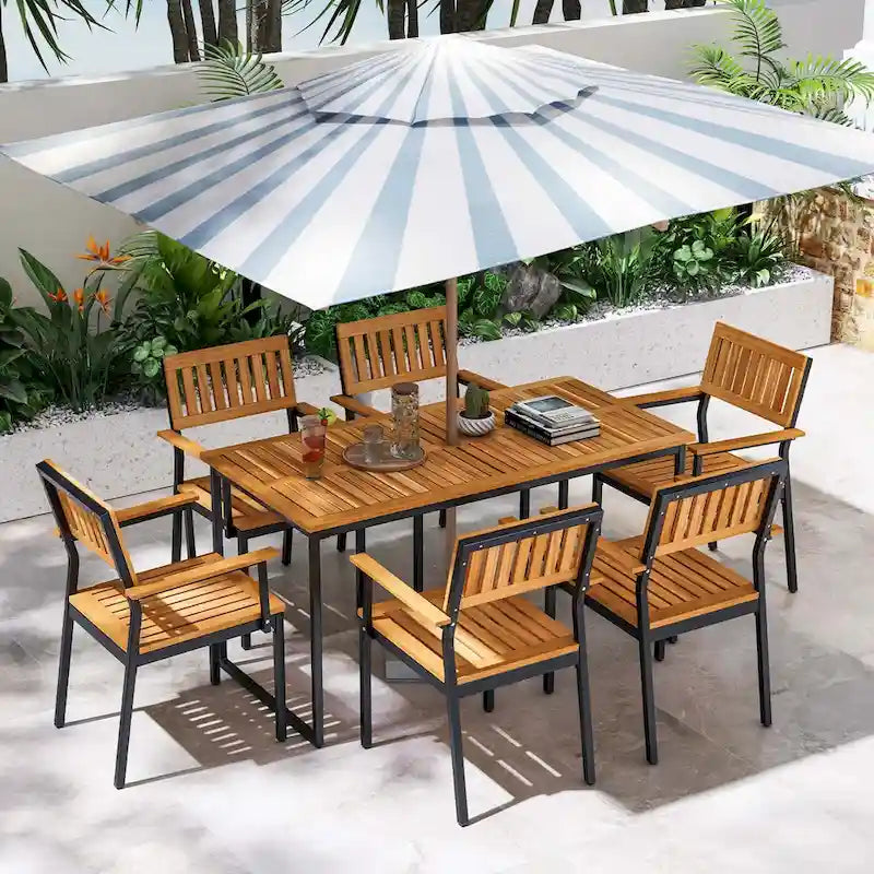 Costway Ensemble de salle à manger d'extérieur 7 pièces pour 6 avec cadre en métal et trou pour parasol - 7 PCS
