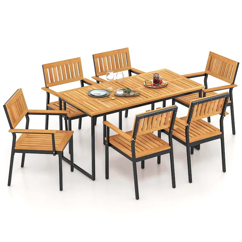 Costway Ensemble de salle à manger d'extérieur 7 pièces pour 6 avec cadre en métal et trou pour parasol - 7 PCS