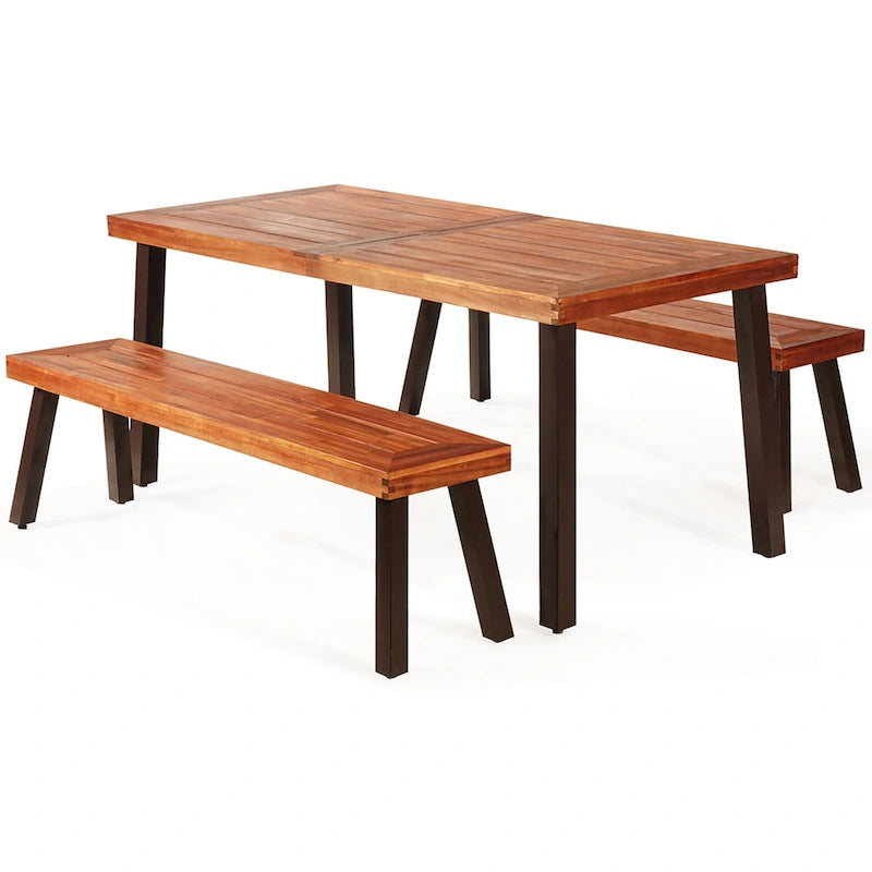 Costway – Ensemble table de pique-nique 3 pièces, table et banc en bois d'acacia avec acier