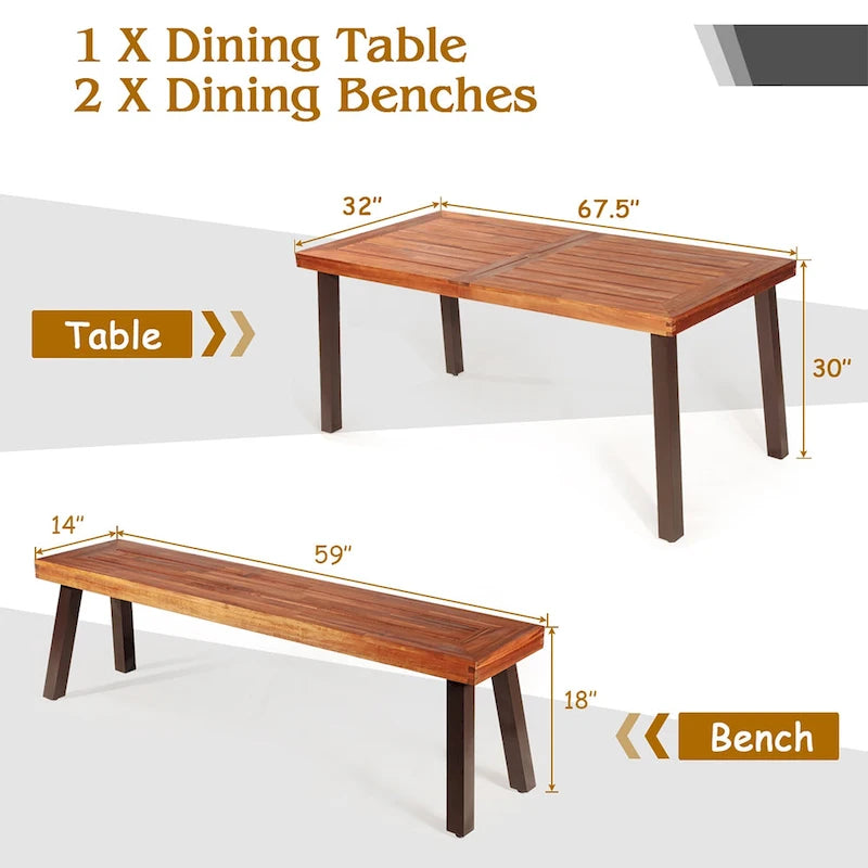 Costway – Ensemble table de pique-nique 3 pièces, table et banc en bois d'acacia avec acier