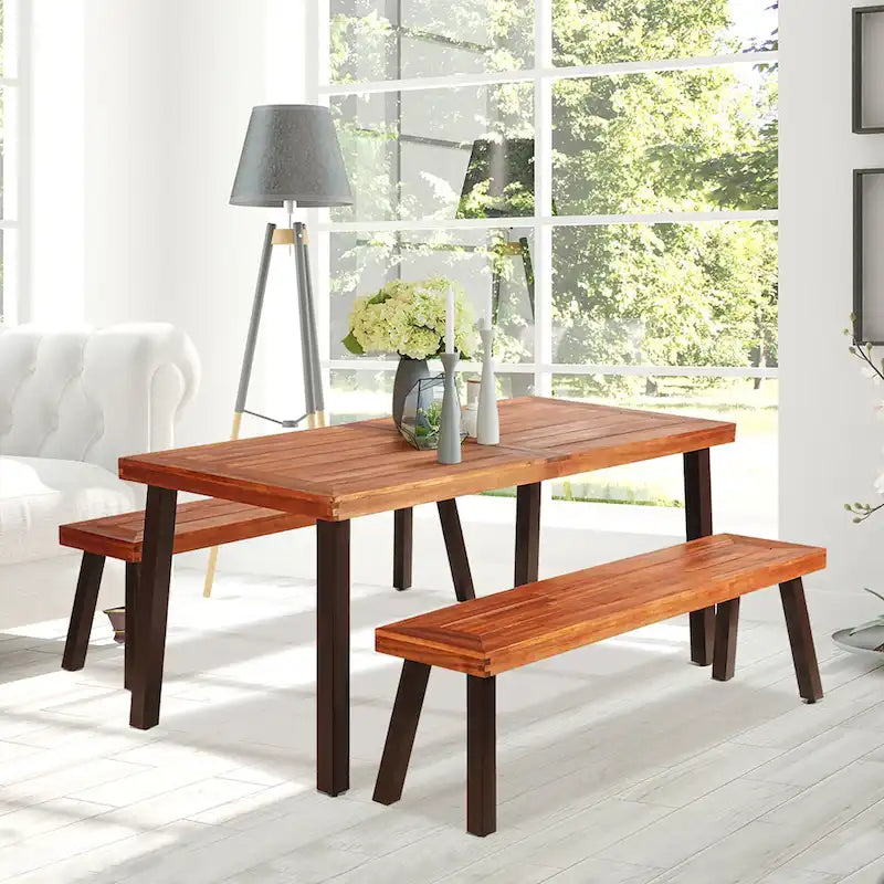 Costway – Ensemble table de pique-nique 3 pièces, table et banc en bois d'acacia avec acier