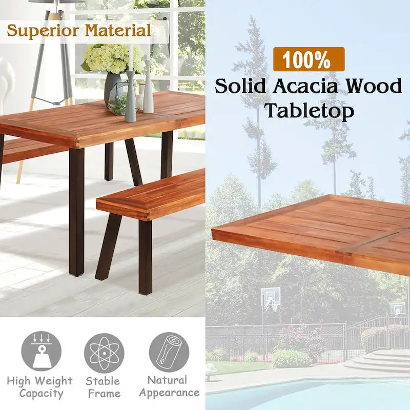 Costway – Ensemble table de pique-nique 3 pièces, table et banc en bois d'acacia avec acier