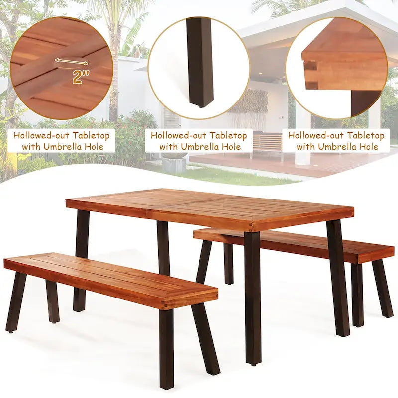 Costway – Ensemble table de pique-nique 3 pièces, table et banc en bois d'acacia avec acier